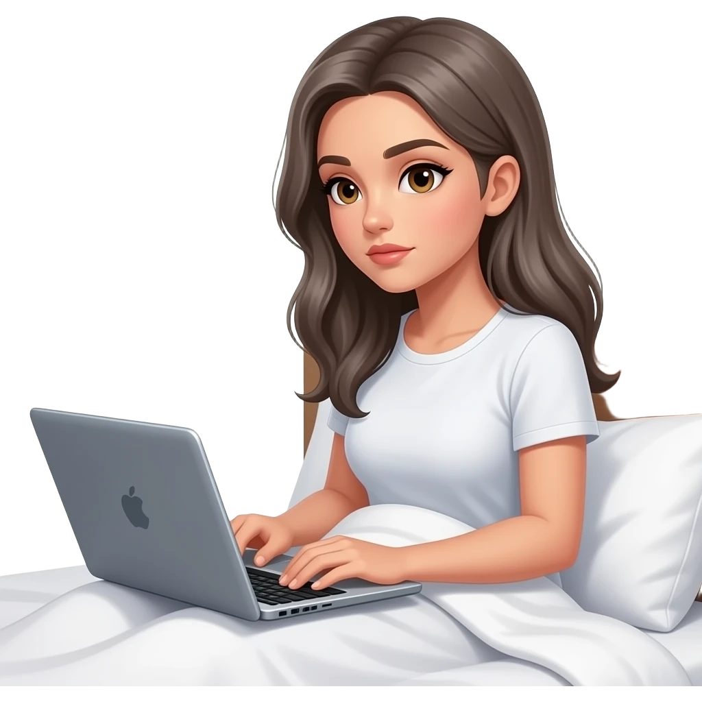 beautiful-brunette-woman-beautiful-eyes-with-long-gray-hair--sitting on the bed-with a laptop-looking at the laptop-side view-serious emoji