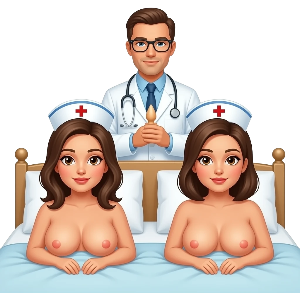 2 nurses, wearing no clothes with very large breast,laying doggy style on a bed, a male doctor standing behind them with a dildo emoji