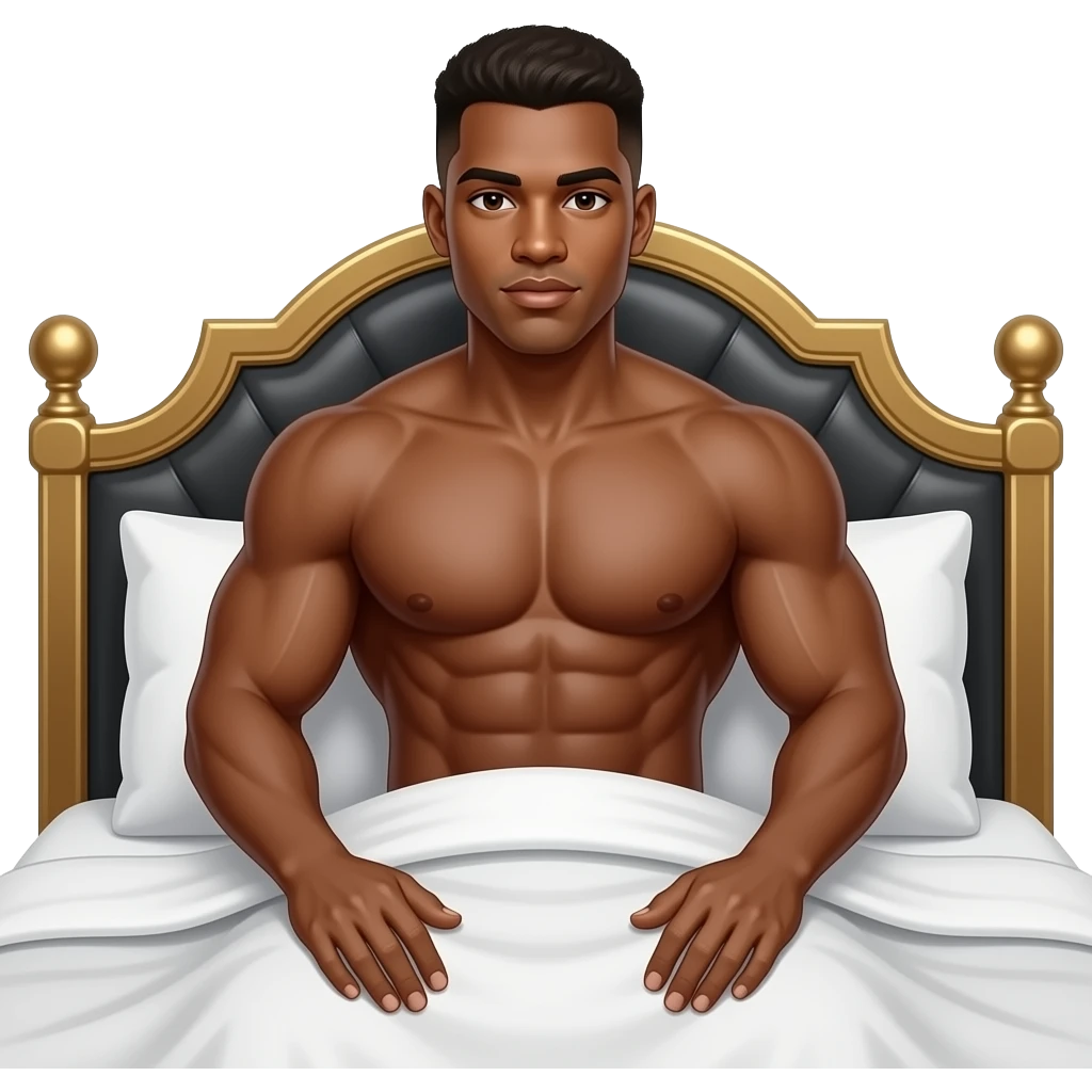 make a black skinned 20 year old man in a brown low taper fade sitting up in his rich bed with his shirt of and bunch of abs and giant muscles and he is patting the bed for someone to come over in it emoji