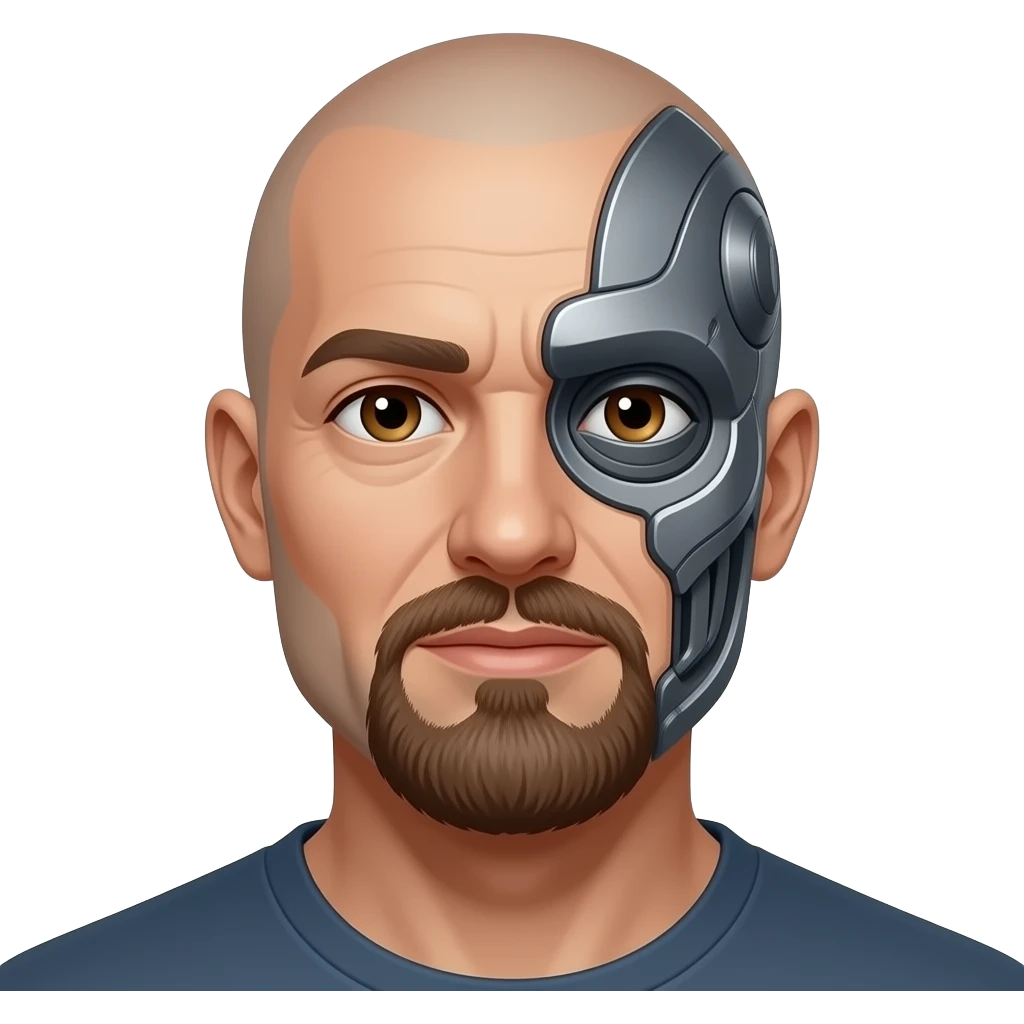40 year-old bald man with a brown chin goatee, hazel eyes, and part cyborg in the face emoji