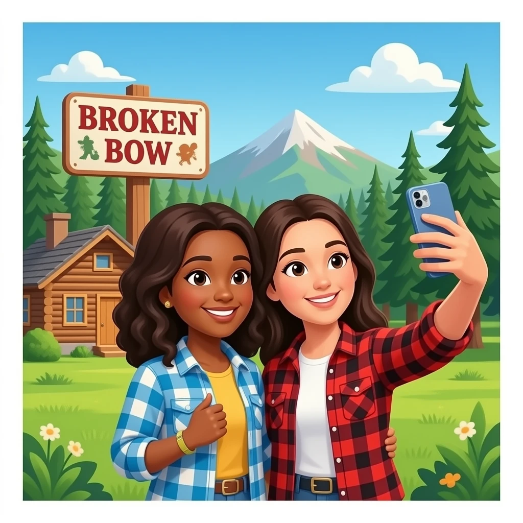 A black girl and spanish girl taking a selfie together in front of a sign that says Broken Bow, in front of a cabin in the woods while wearing flannel emoji