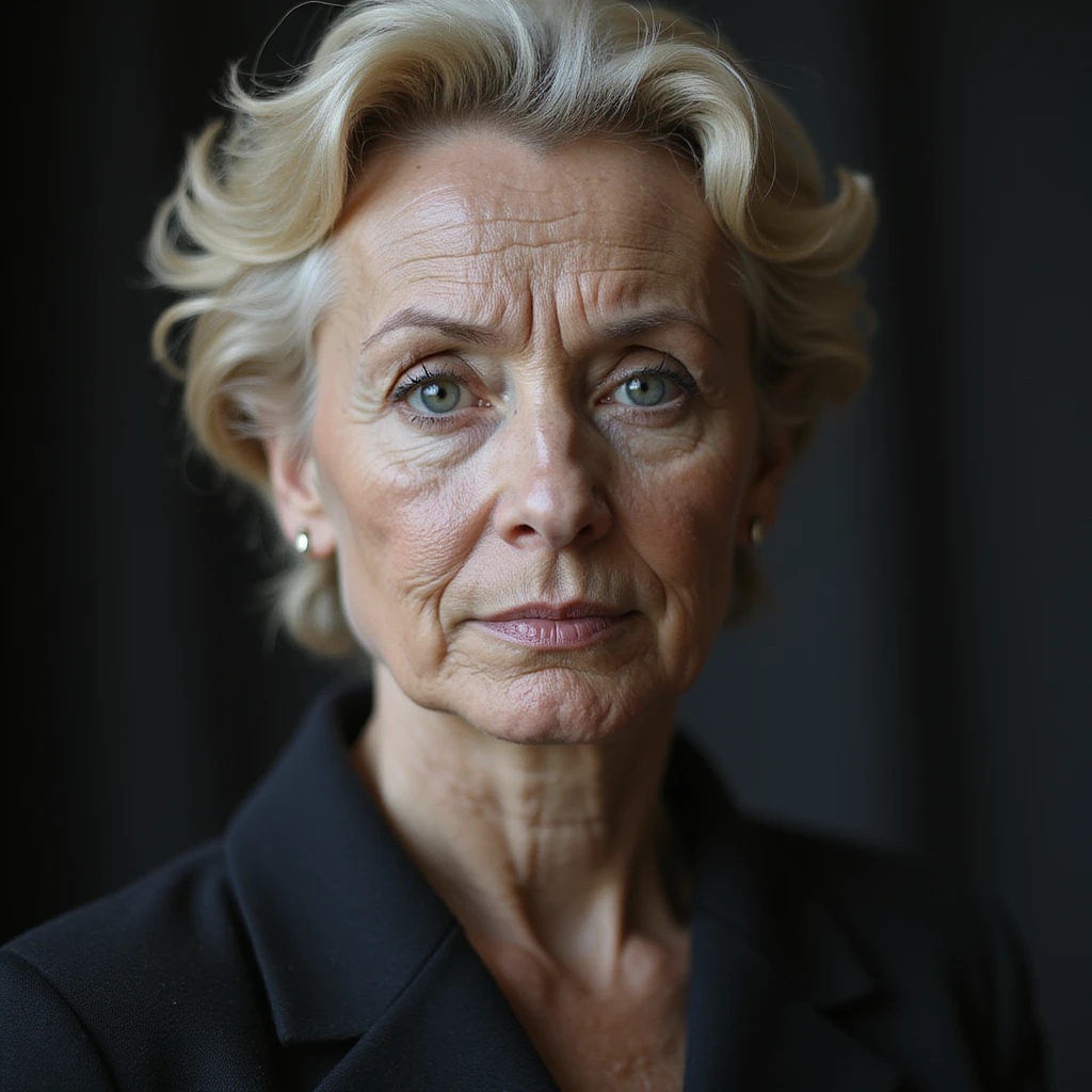 photorealistic portrait of Ursula von der Leyen looking sad emoji