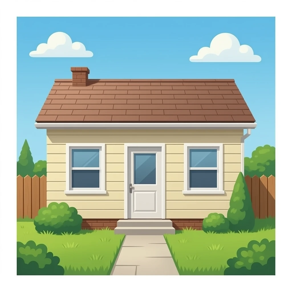 Small modest single-story house, compact rectangular structure, simple exterior, basic windows and door, small front yard, slightly dated but well-maintained, isolated object, no background, fully transparent background, transparent PNG. emoji