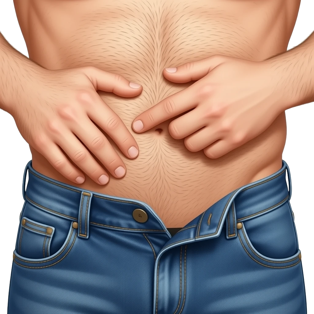 Nahaufnahme eines behaarten Mannes der nur eine Jeans trägt, die Beule im Schritt des Mannes ist im Fokus, er reibt sich mit der Hand in den Schritt seine Beule emoji