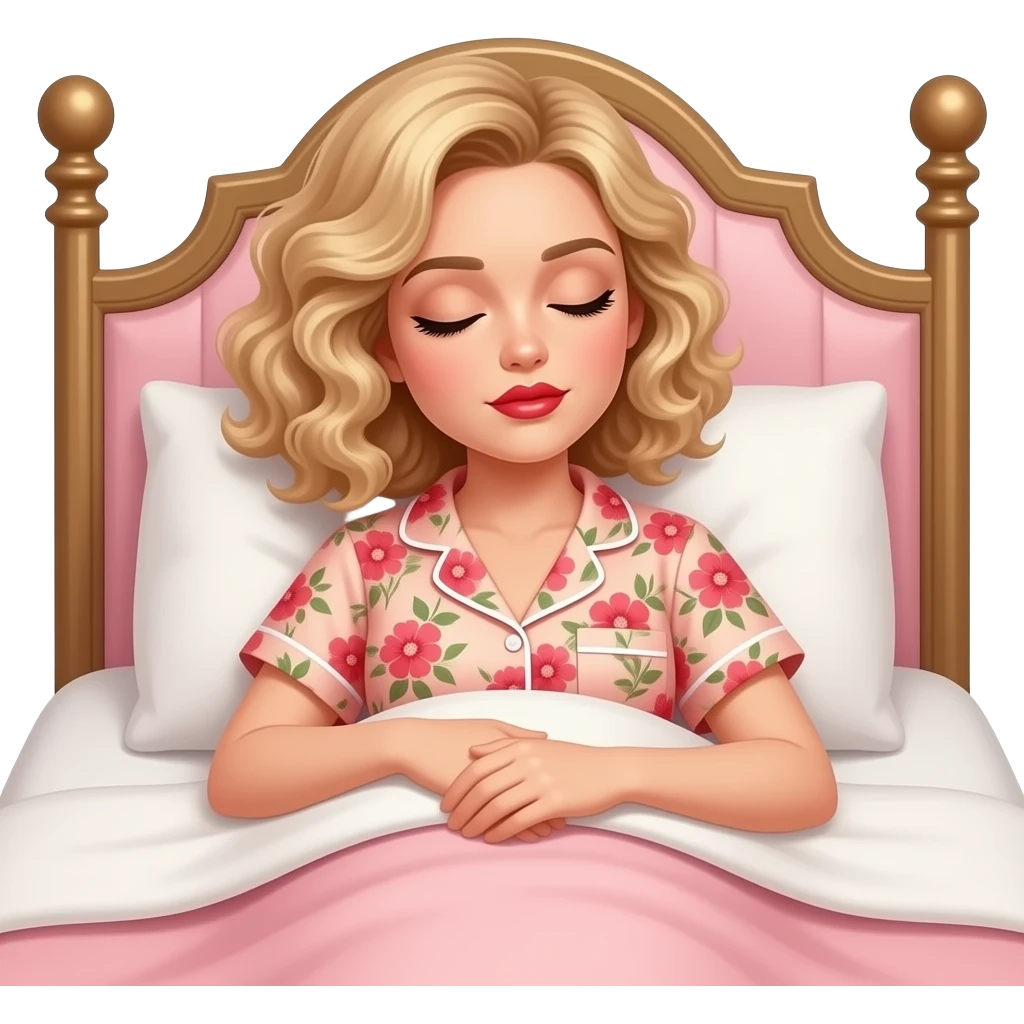 Short curly blond hair side swept red lipstick and peach and RED FLORAL SHORT SLEEVE PAJAMAS SET UNDER A PEACH DUVET SLEEPING ON THE SIDE, BLACK EYEBROWS ON A VITCTORIAN BED emoji