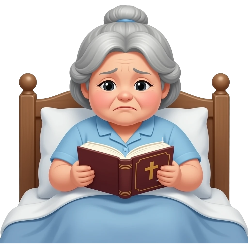 A plump, sad fat old lady is flipping through a prayer book in the bed emoji