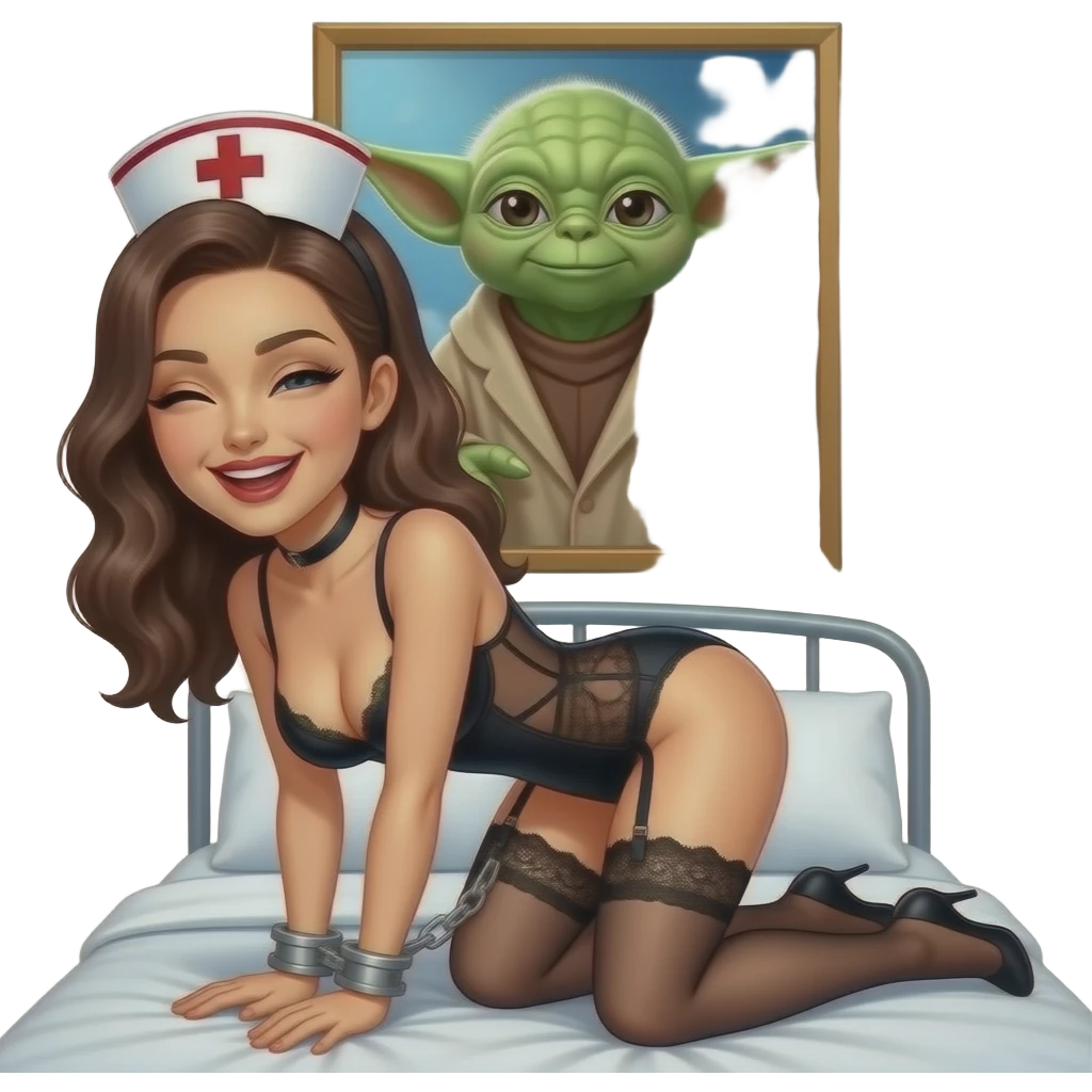 Passionate Thin Nurse  handcuffed to a bed smiled my and moaning , large breasts, black lingerie and garter belt , positioned doggy style in  front of a tall Yoda, emoji