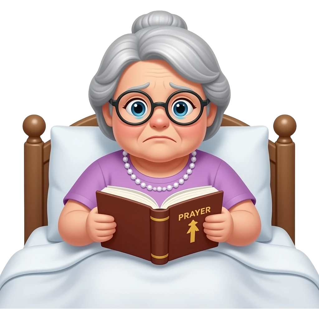 A plump, sad fat old lady is flipping through a prayer book in the bed emoji