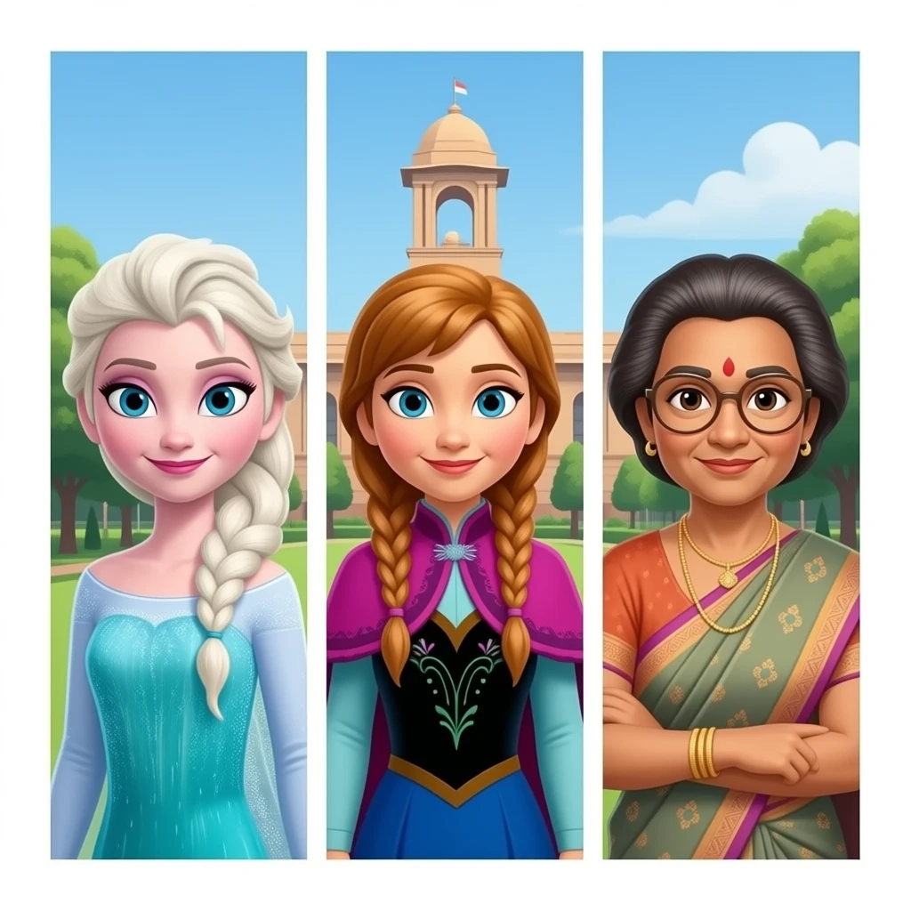 एल्सा और अन्ना अरेंडेल डिज्नी फ्रोजेन से दोनों ने युवराज वस्त्र से पहनके मिलकर 66 वर्षायु इंदिरा गांधी से मिल लिया 7 लोक कल्याण मार्ग न्यू दिल्ली भारत में emoji