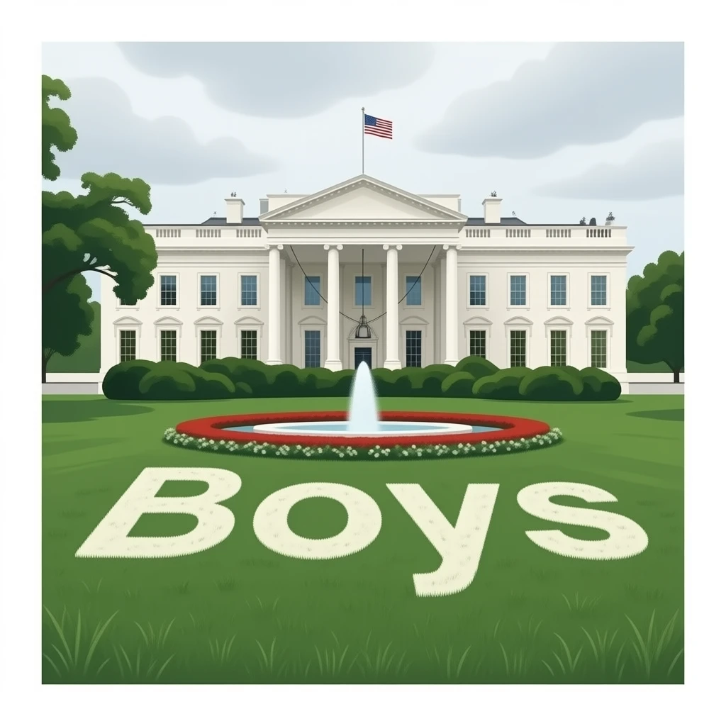 The text "The Boys" on the lawn of the White House and the American flag. It's gloomy. emoji
