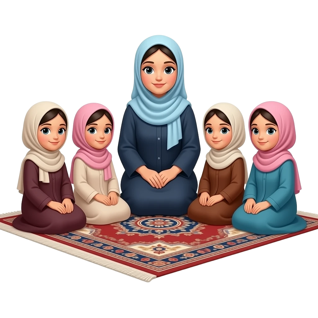 hijabi  little girls sitting with their teacher feamaleon carpet. All wearing abayas. more girls. emoji