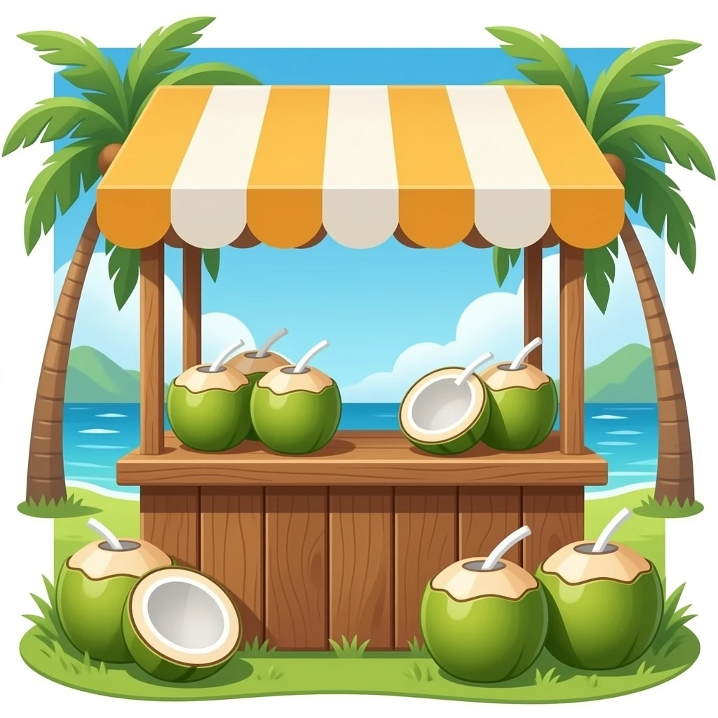 نارگیل فروشی با پر از نارگیل تازه کا با چوب غرفه ساخته شده emoji