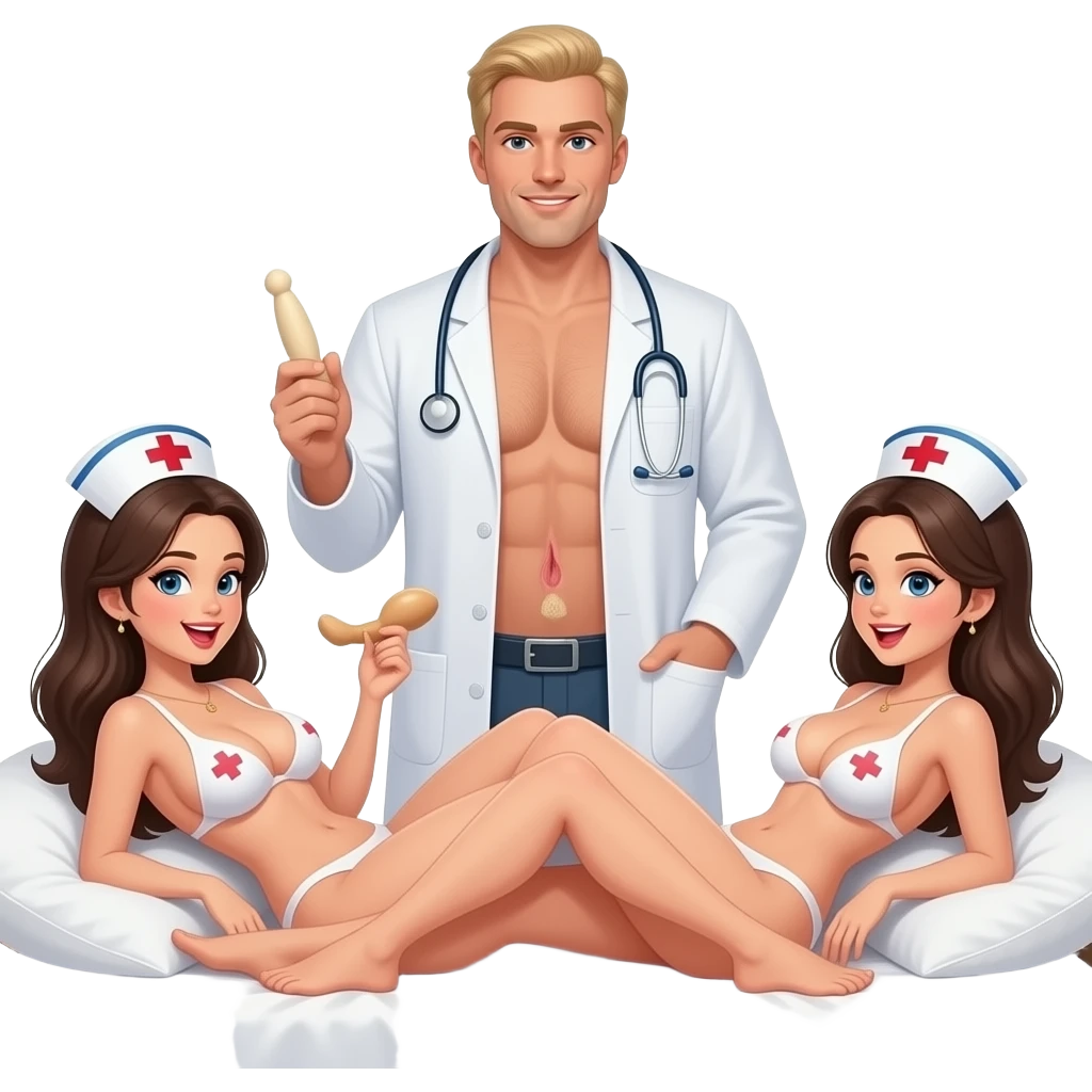 2 naked nurses with extra big sagging breasts and large nipples , slim, both nurses completely naked with open mouths, laying in a 69 position  style on bed, one nurse has a large dildo in hand, behind them is a tall blond male doctor, also naked with a large erection emoji