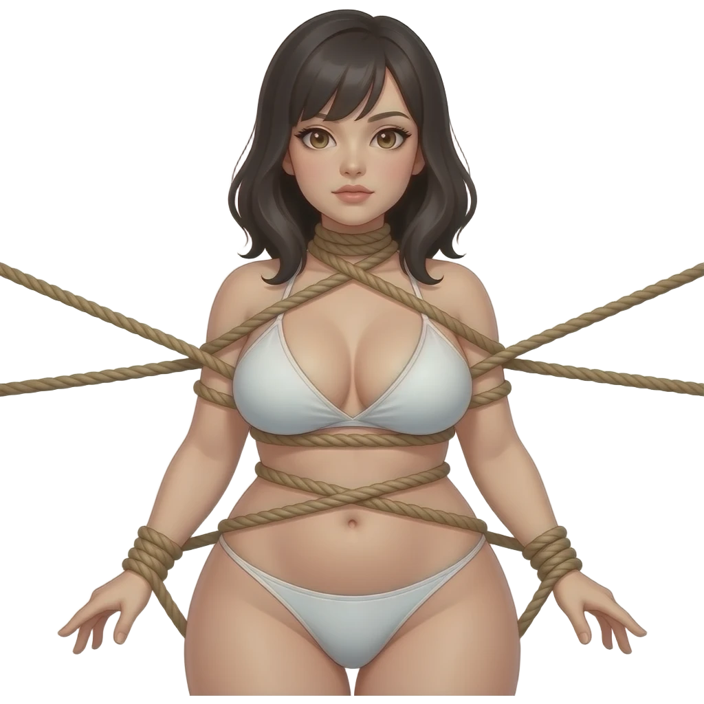 Submissive woman in shibari bondage; full body. White skin, chubby, halflong dark hair, hazel eyes. emoji