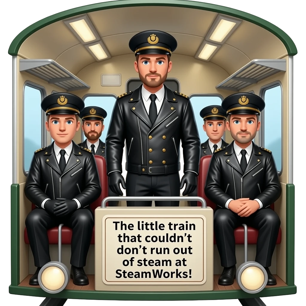 TPrint text: "The little train that couldn't, don't run out of steam at SteamWorks". Image of Gay leatherman train conductor, gay leatherman passengers on the little train that couldn't. emoji