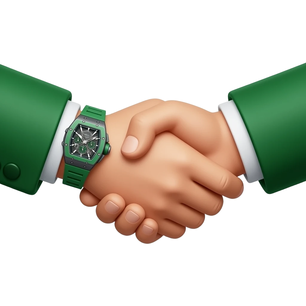 create me hand shake where one of two hands have green richard mille watch on hand, and this hand with watch is on left side, both hands have green suit on. isolated and centered with padding on both sides to avoid cropping. Give a lot of 8k details to this suits sleeves, watch and hands. emoji