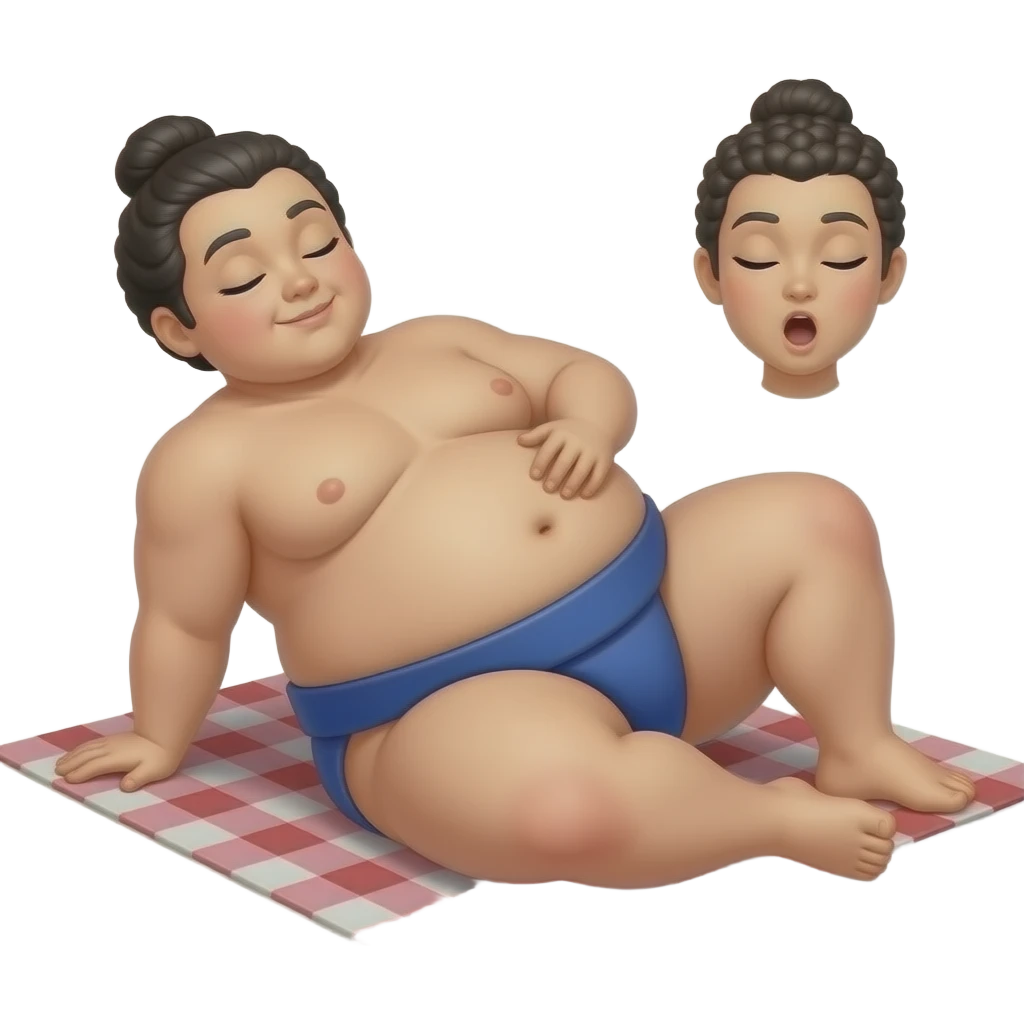 A female Buddha sumo wrestler,relaxing & resting on a picnic blanket,leaning back rubbing her full stomach,her cute Bellybutton goes on display,her waistline is ballooning,her tummy is obese and overstuffed,A compliment by a content burp. emoji