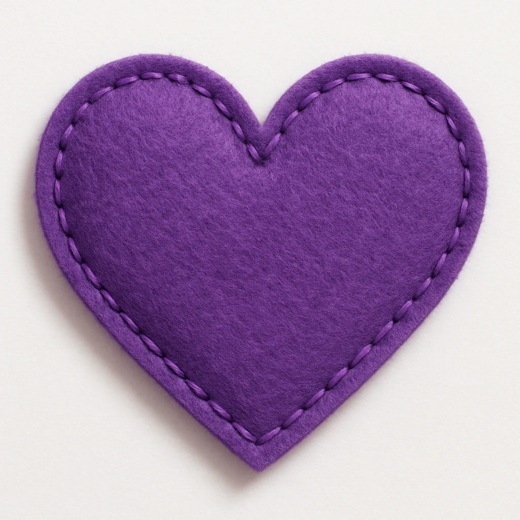 purple heart, felt patch style, stitched emoji