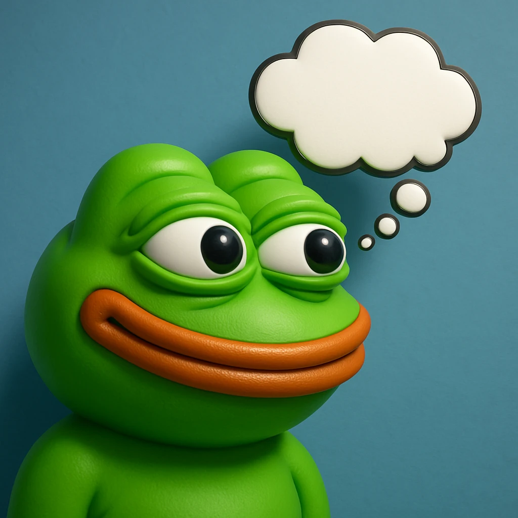 make a pepe in bright green smiling with thought bubble looking at right side in 3d style, good highlights and shadows, drop shadows emoji