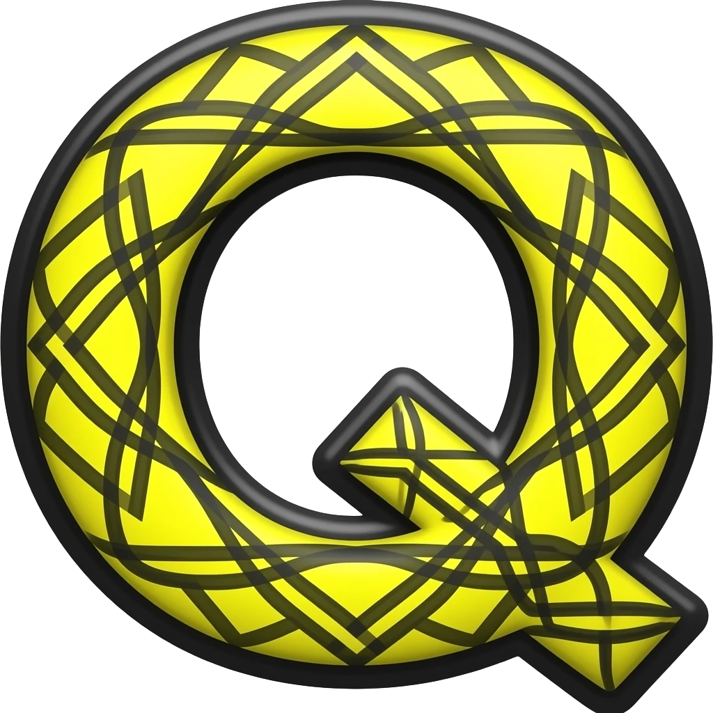 a letter Q  in beautiful YELLOW colour having BLACK OUTLINE  and have design of lines in it  in it emoji