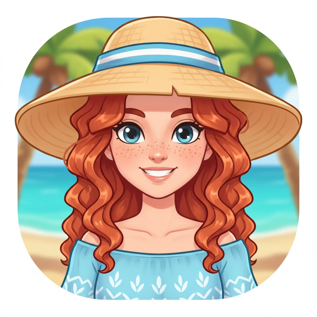 Girl wearing summer hat, red hair, front view,  Frontal Top-Down Soft Light, portrait, casual cartoon stylized game mobile emoji