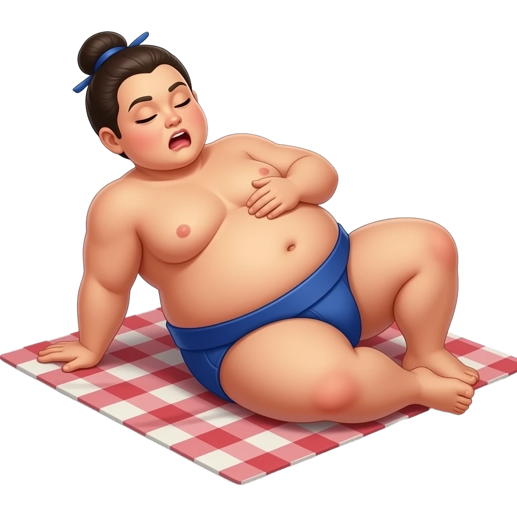 A female Buddha sumo wrestler,relaxing & resting on a picnic blanket,leaning back rubbing her full stomach,her cute Bellybutton goes on display,her waistline is ballooning,her tummy is obese and overstuffed,A compliment by a content burp. emoji