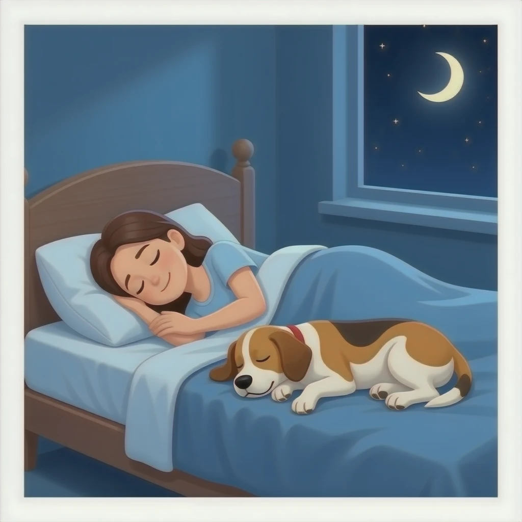 Una mujer durmiendo en una posición muy incómoda al borde de la cama porque su perro está durmiendo cómodamente ocupando todo el espacio. La mujer se ve cansada pero feliz de no molestarlo. Escena divertida y adorable. emoji