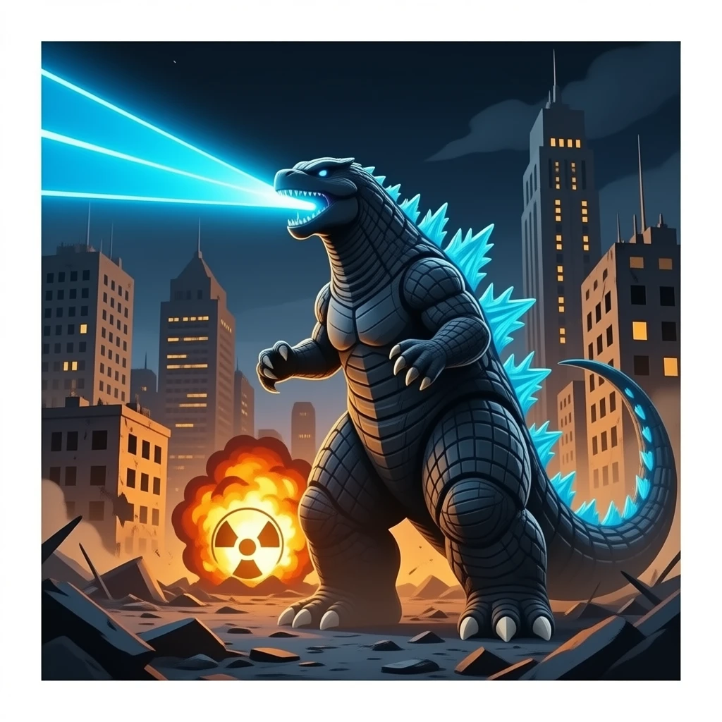 Godzilla minus one on atomic explosxion on destroyed city and doing laser breath blue emoji