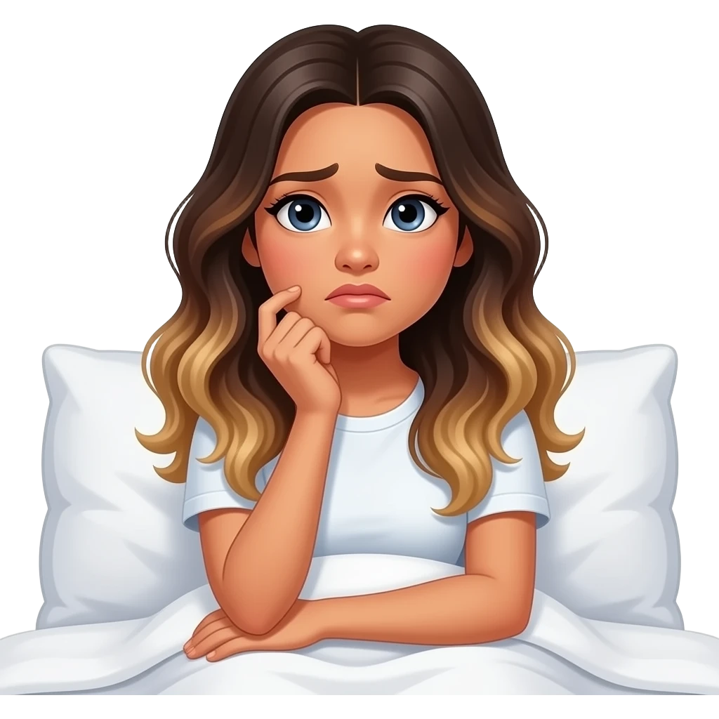 beautiful-Filipino-woman-beautiful-eyes-with-long-wavy-hair-balayage-sitting on the bed-thoughtful-a lot of thoughts in her head-a little upset emoji
