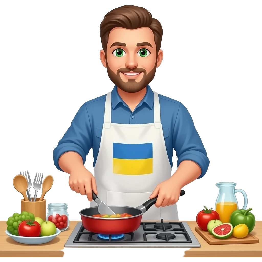 Украинец кареглазый без бороды Александр готовит лечо на кухне emoji