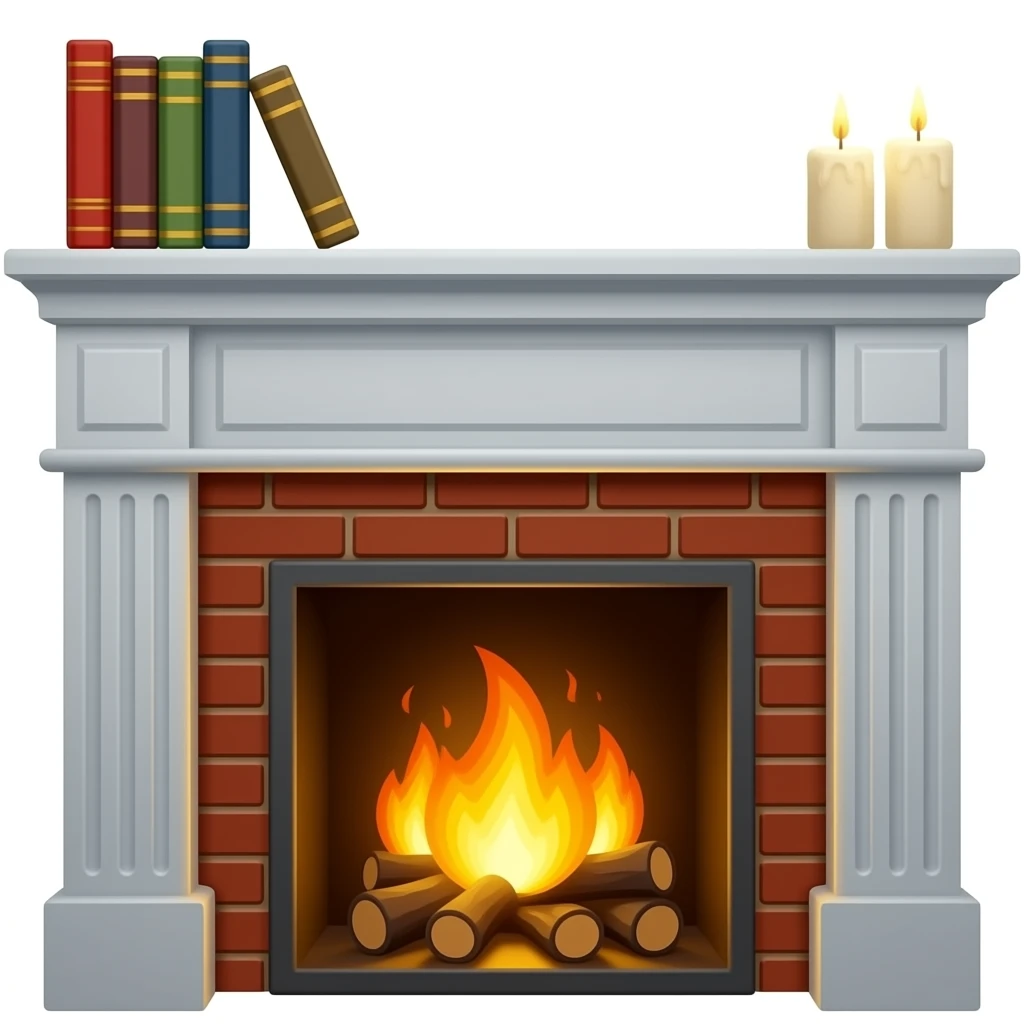 Fireplace with books and candles on the mantle emoji