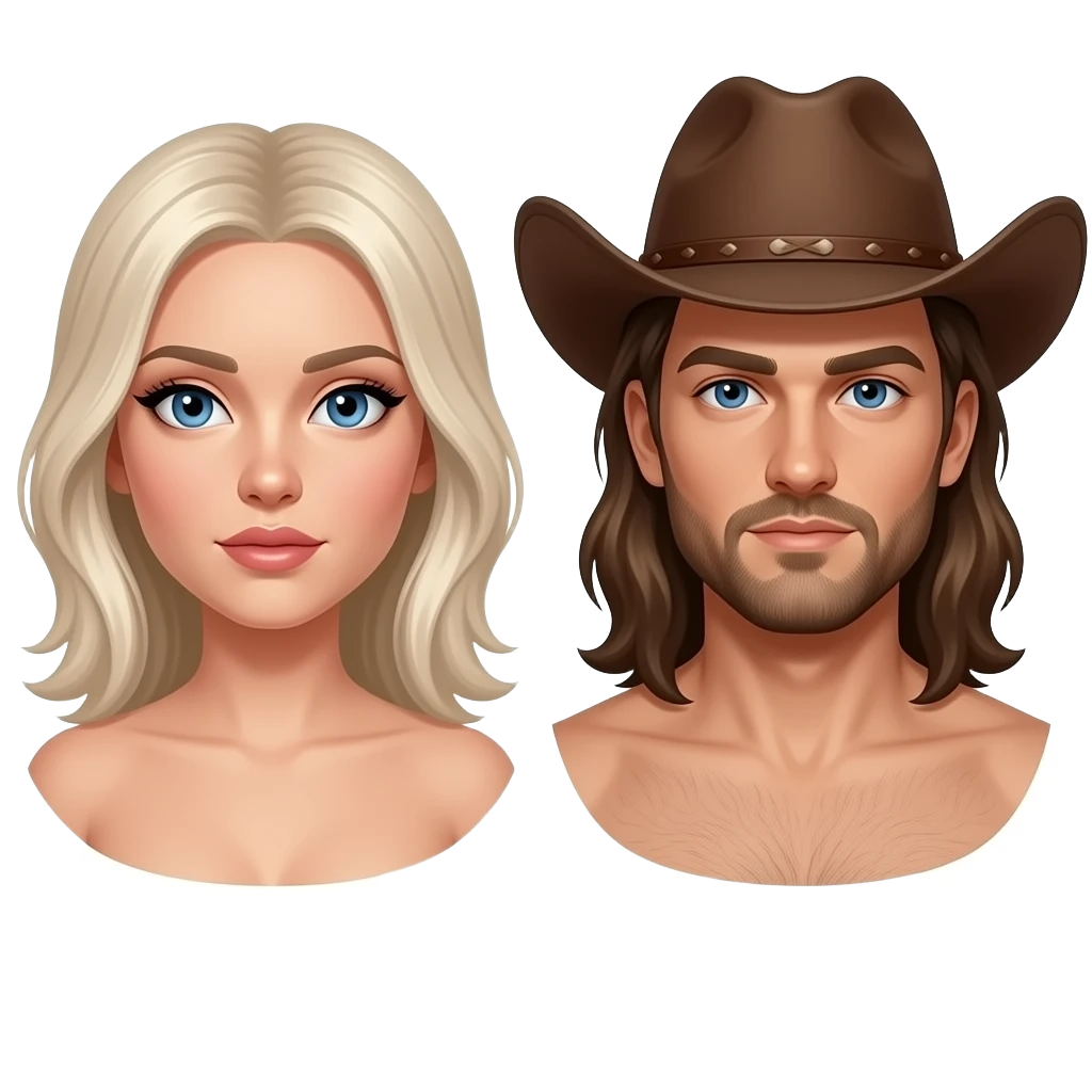 Naked woman and naked man, woman with platinum blonde hair blue eyes and eyeliner, man with pale skin beard blue eyes long hair and a cowboy hat emoji