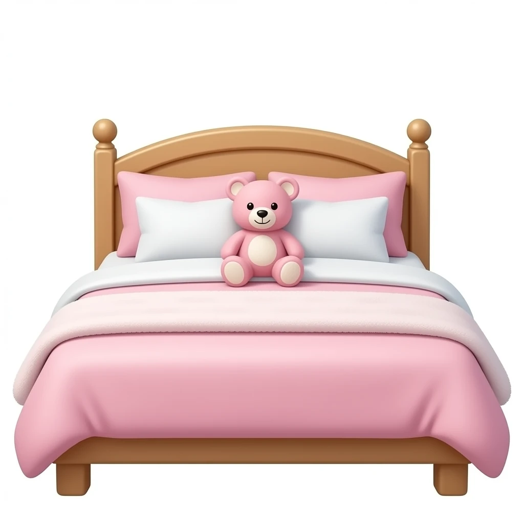 cozy bed front view and light pink, color and white pillows and a fluffy blanket and a pink teddy bear emoji