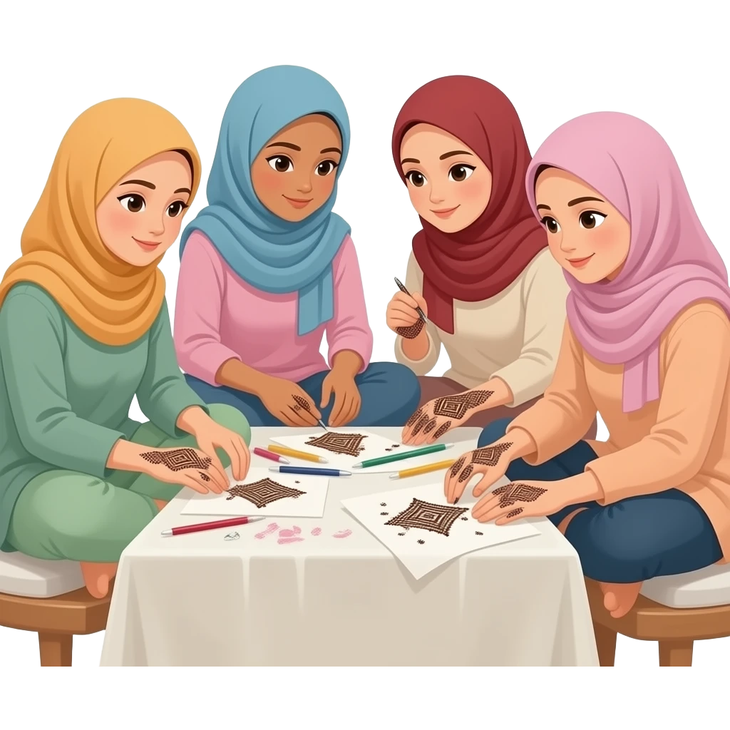 background room girl sitting and doing handcraf mehndi hijabis not too colorful many girls emoji