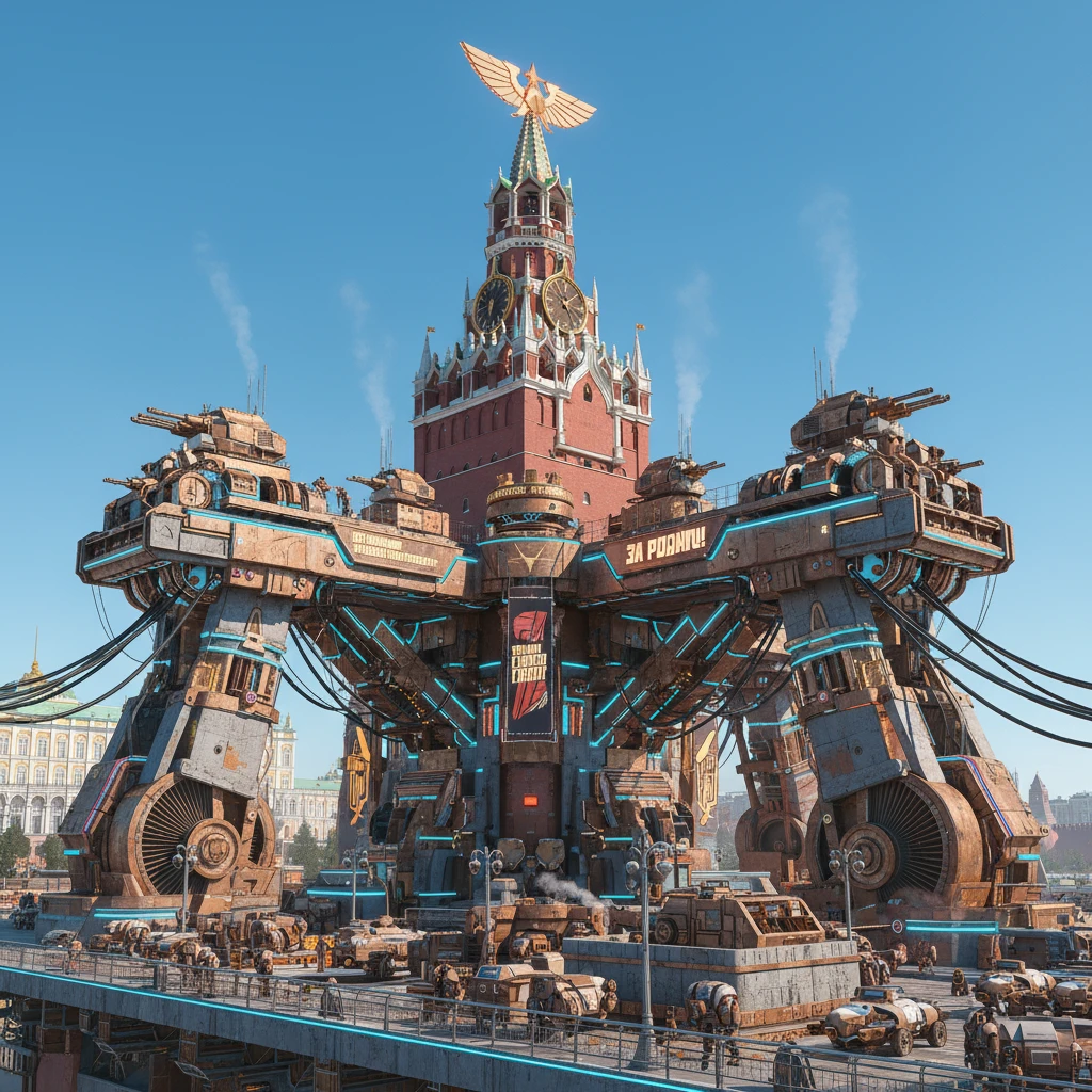 Московский Кремль, но на таких опорах и достройках, как будто его превращают в объект из Warhammer. Стиль ретрокиберпанк и Warhammer. Яркая, красочная стилистика. Как в Atomic Heart

Без кучи мелких деталей. Должно быть светло как днем, без туч emoji