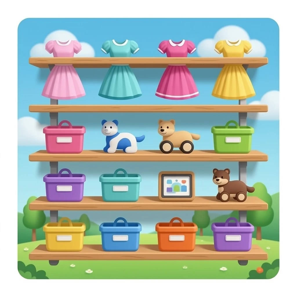 5 shelfs with dresses and toys in the store emoji