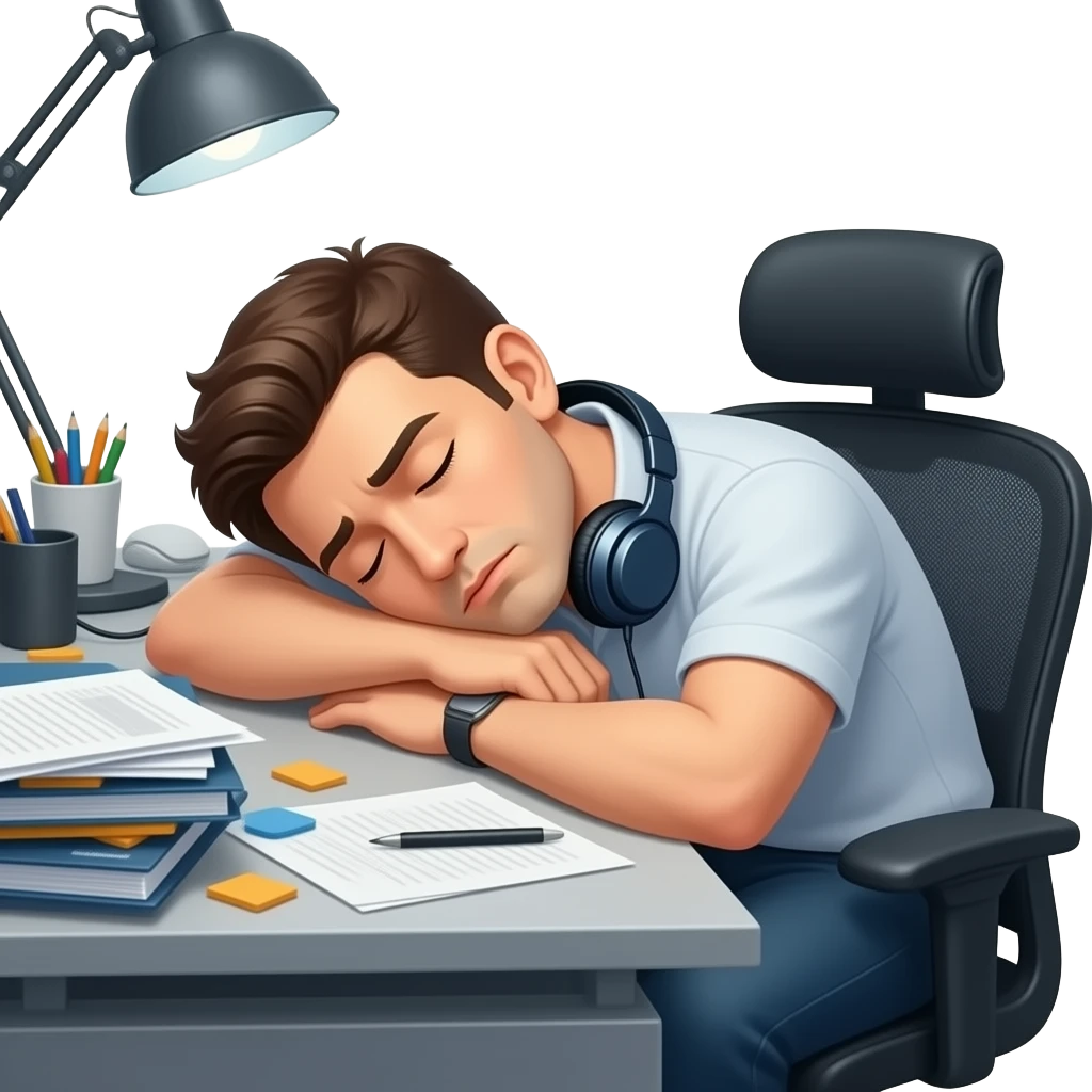 A tired human Sleeping on a desk with headphones on. emoji