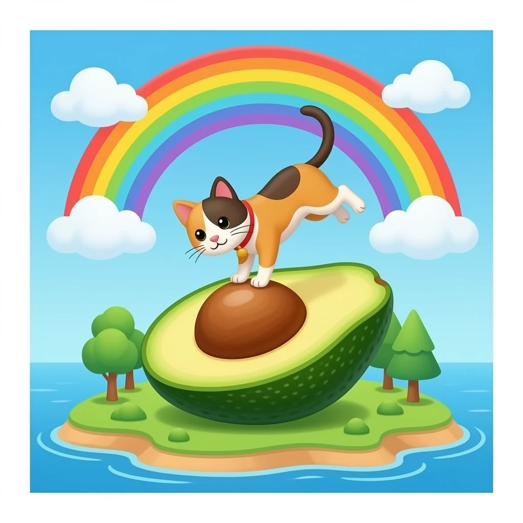Un gato en un arcoiris con un aguacate en una isla con un perro malabarista emoji