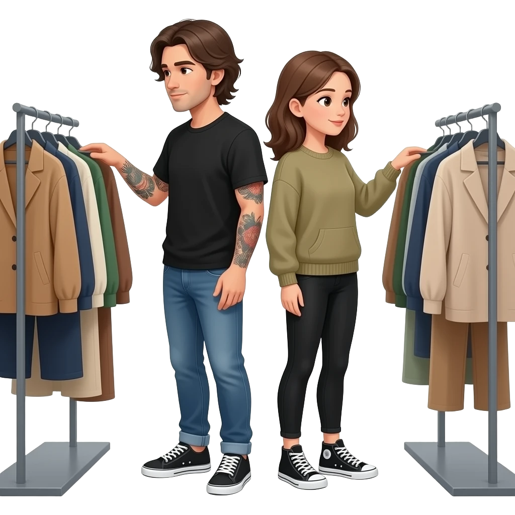 Jeune Couple riche avec homme aux cheveux mi long et avec le bras droit couvert de tatouages et femme en legging noir et pull kaki avec baskets Valentino qui s’achète des vêtements emoji