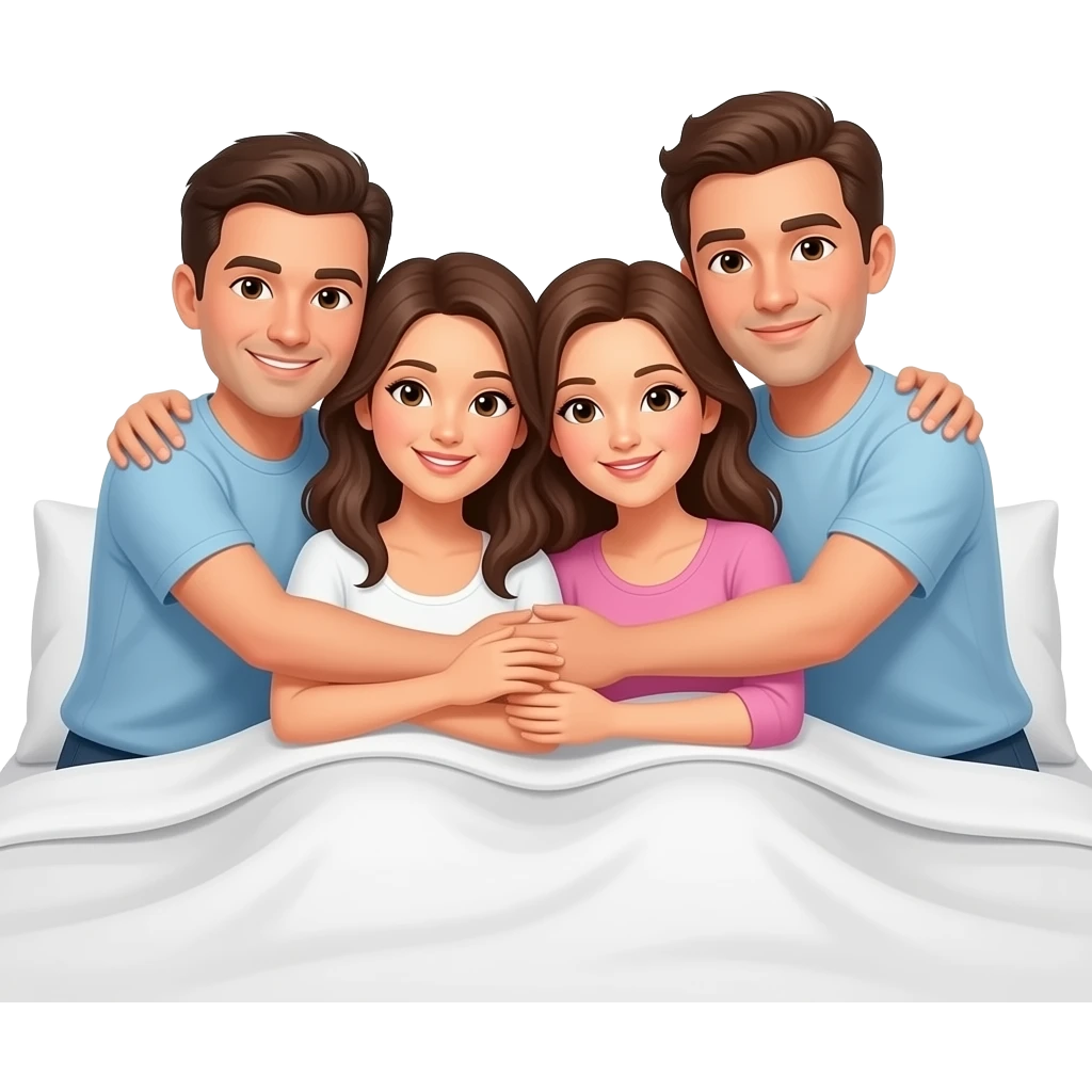 4 man in bed are hug three women. emoji