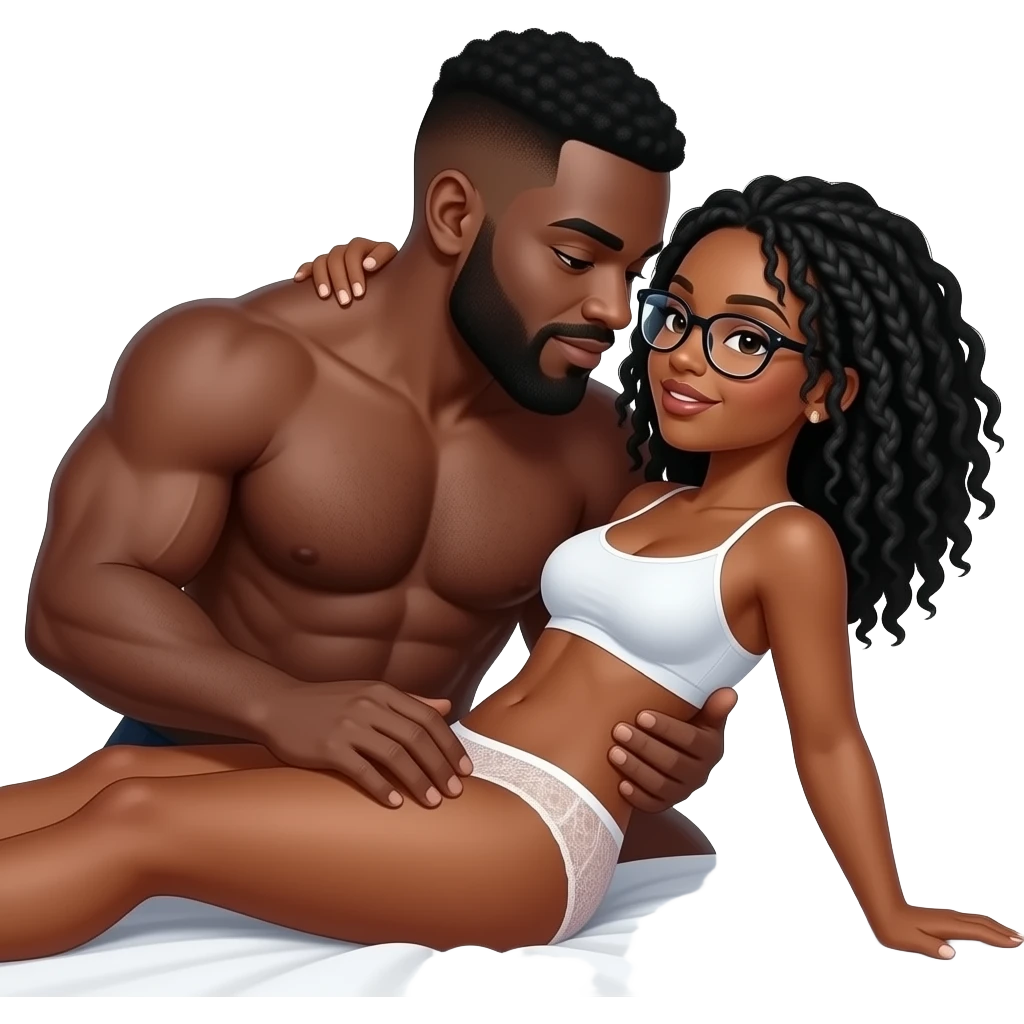 Black couple. Chubby, non muscular man with low curly cut and beard with some gray. Having sex with a Black woman with black locs (with some gray) and glasses in bed with just panties emoji