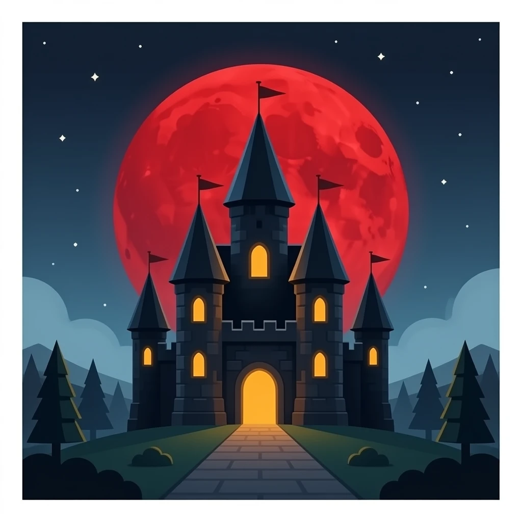 Black castle with red and red moon emoji