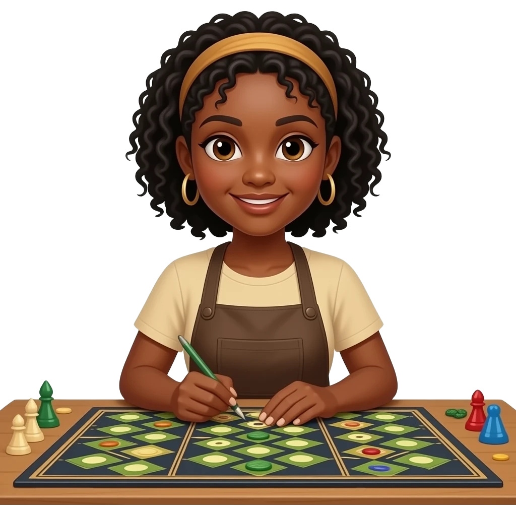 a black female artist decorating a fantasy board game on a table emoji