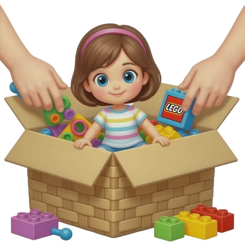 hands picking up toys in box, tidy up after play. in the basket there is a doll, lego and some other toys emoji