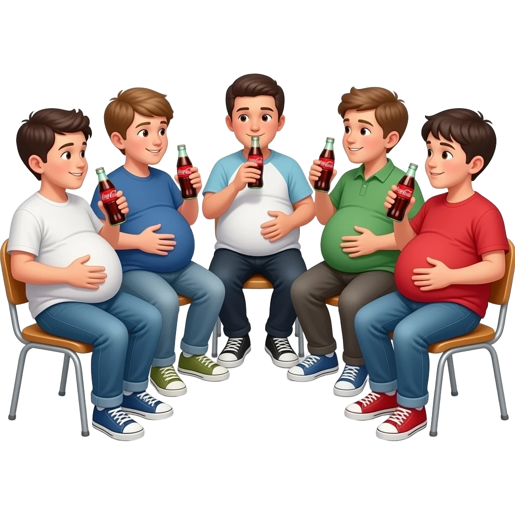 5 chłopaków z cola brzuchami oni mają 14 lat ich brzuchy mają kształt jak ogromne kula jeden z nich ma jeszcze ogromniejsze niż 4 siedzę na krześlei rozmawiają i głaszczą swoje brzuchy i piją Coca-Cola emoji