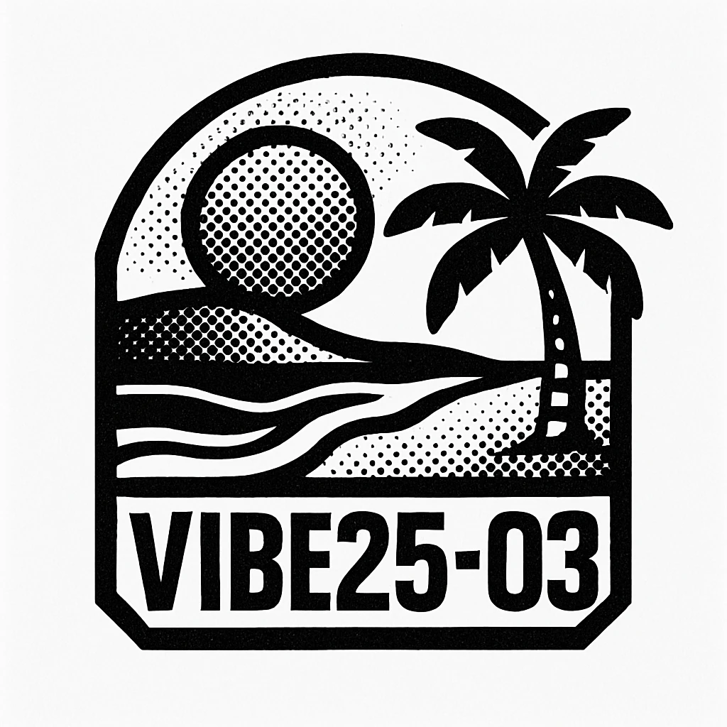 logo for VIBE25-03, black and white, 80's summer, retro style, geometric patterns, sun, beach elements emoji