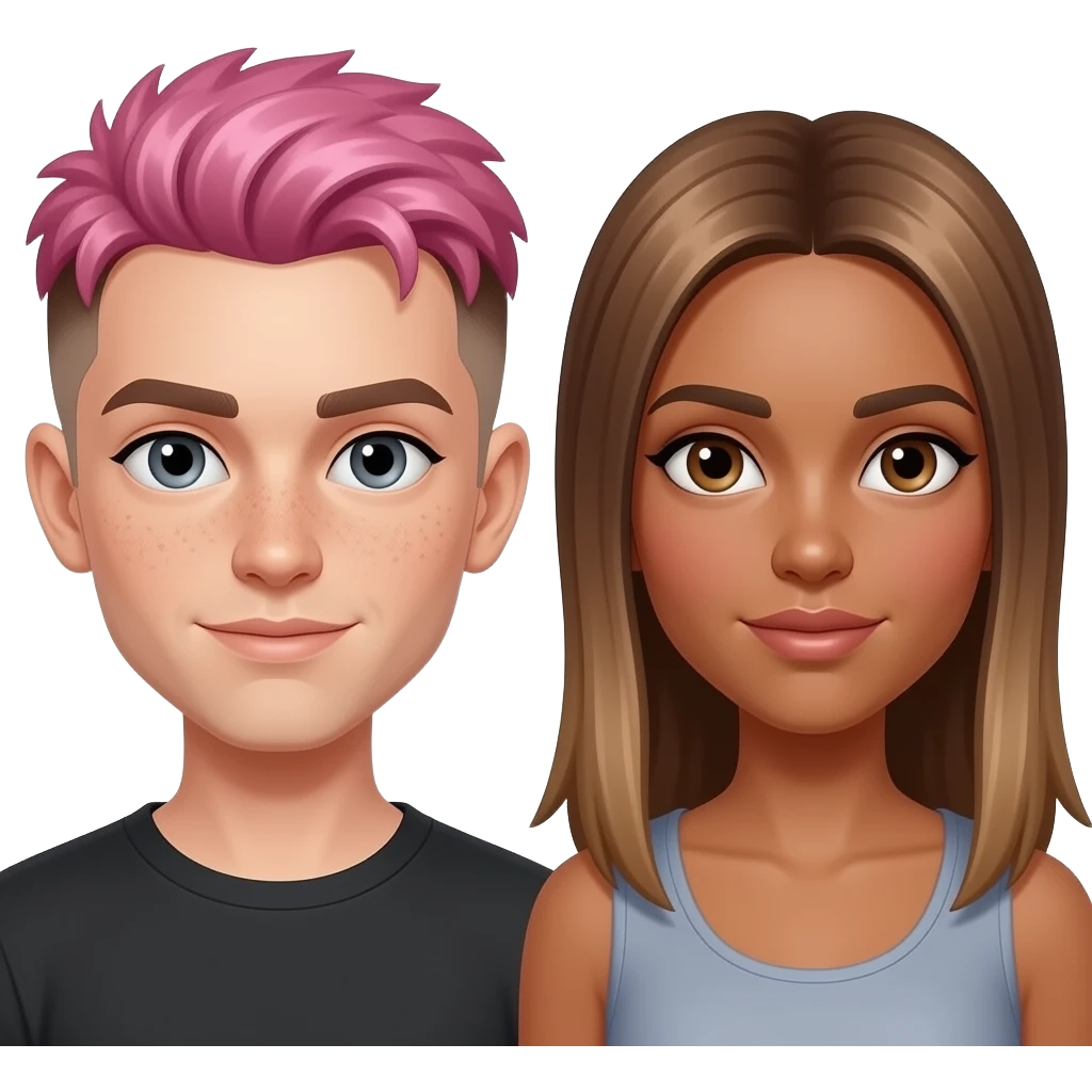three people: short nonbinary person with short pink hair, brown eyebrows, and a brown undercut with pale skin, gray eyes and freckles, a tall olive-skinned man with dark brown eyes + very short curly hair, and a medium height woman with light tan skin, light brown straight long hair, and brown eyes emoji
