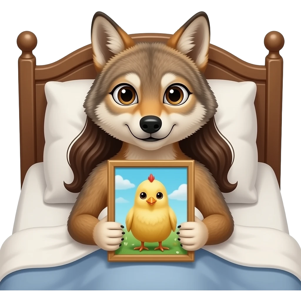 Female coyote furry person woman laying in bed holding a chick emoji