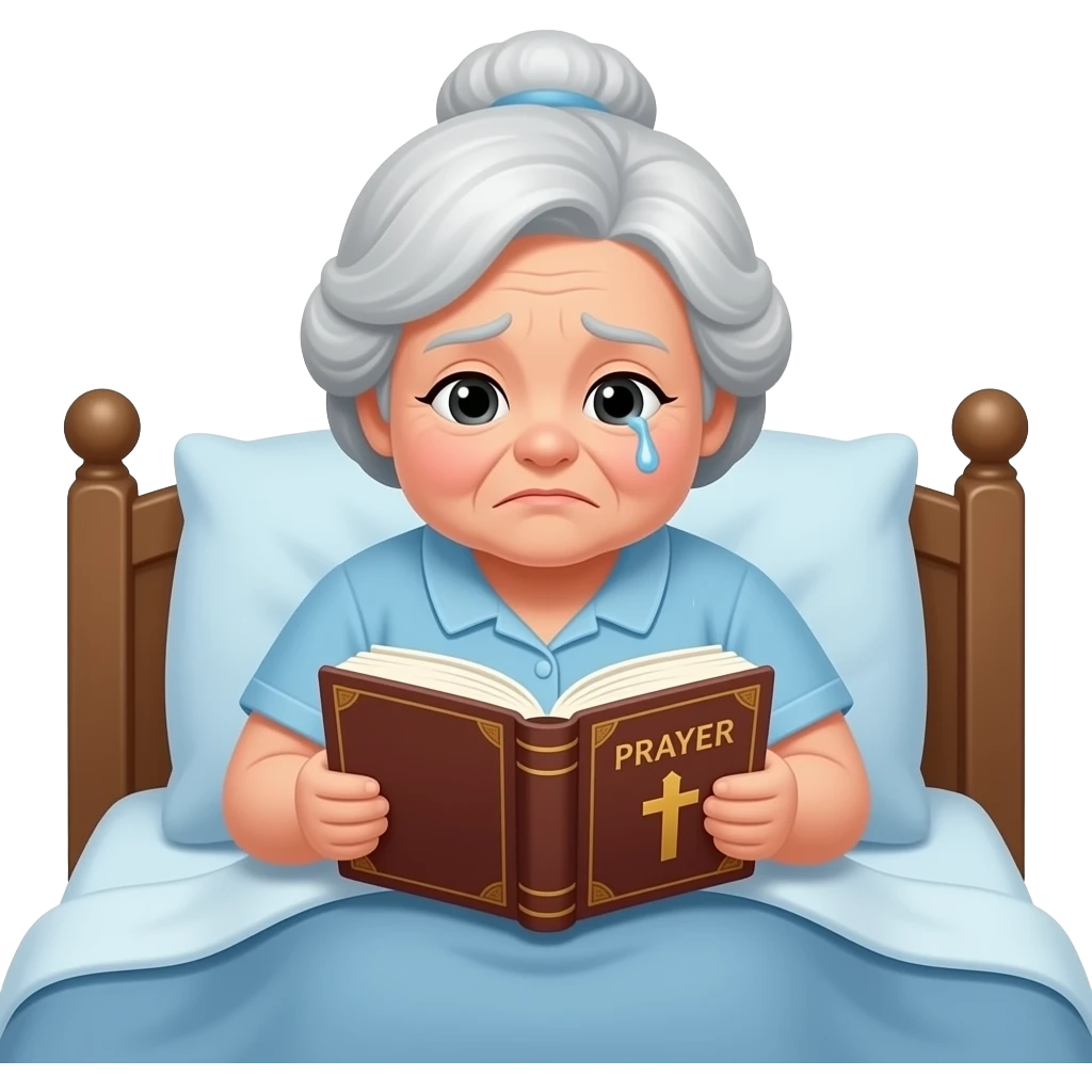 A plump, sad old lady is flipping through a prayer book in the bed emoji