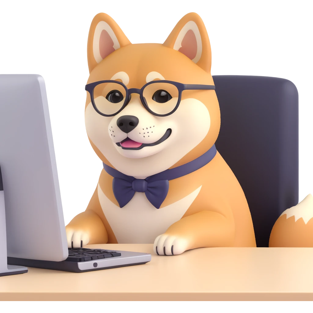 shiba inu with eye glasses and computer emoji